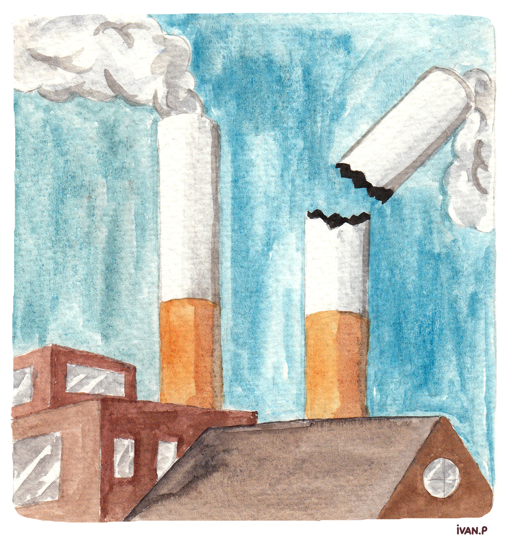 Illustration d'Ivan P sur l'industrie du tabac et le lobbying des grandes entreprises productrices de cigarettes.